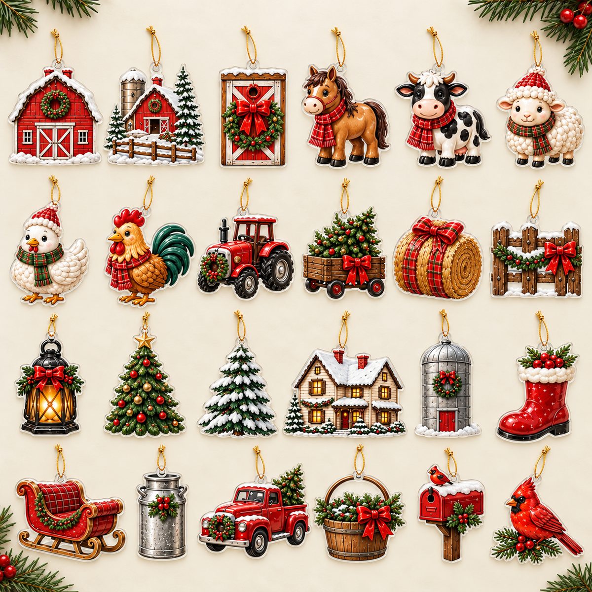 All 24 Christmas Barn acrylic ornaments